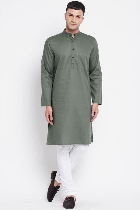 Buy Men's Linen Solid Sherwani Kurta in Olive Green