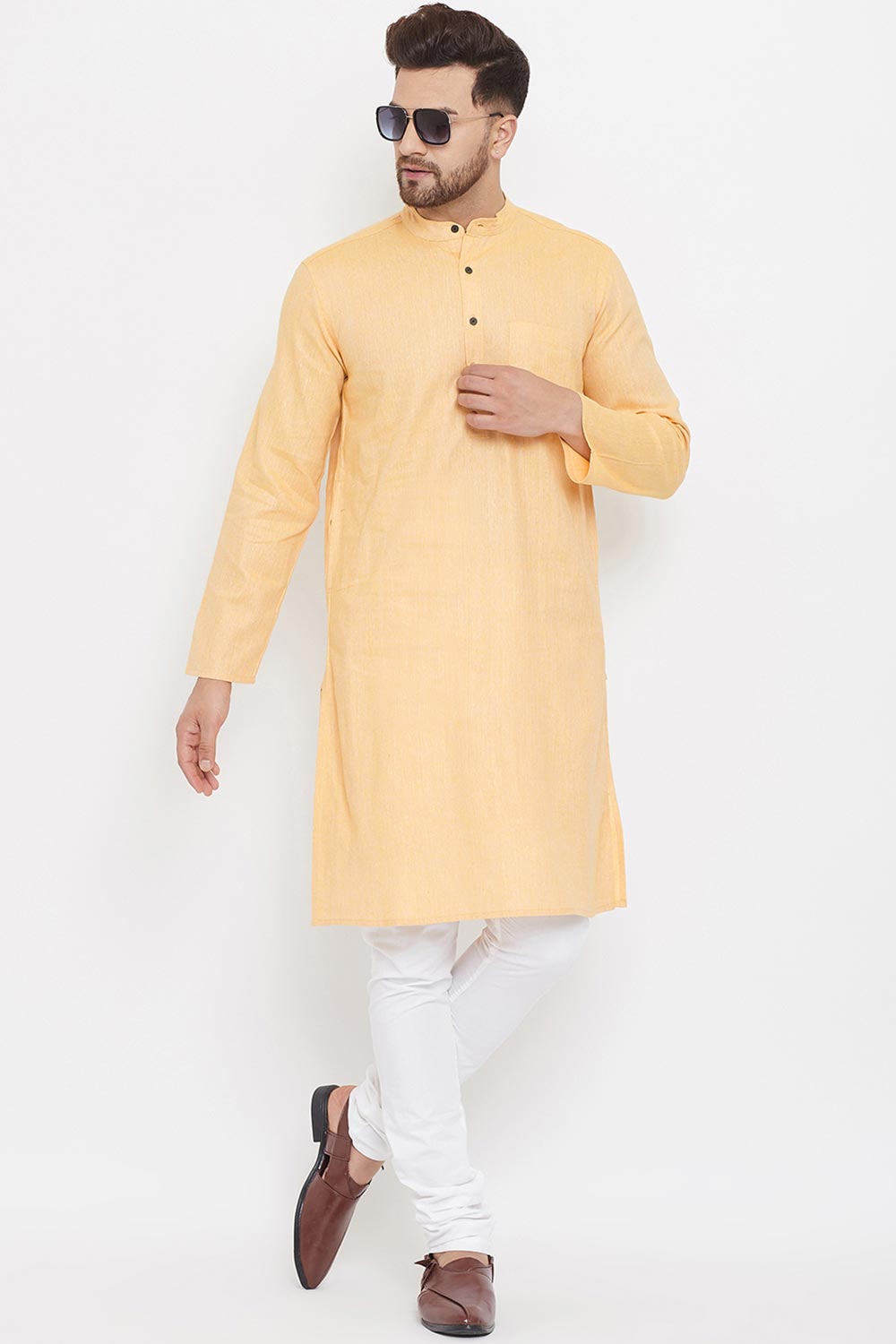 Buy Men's Blended Cotton Solid Kurta in Yellow - Back