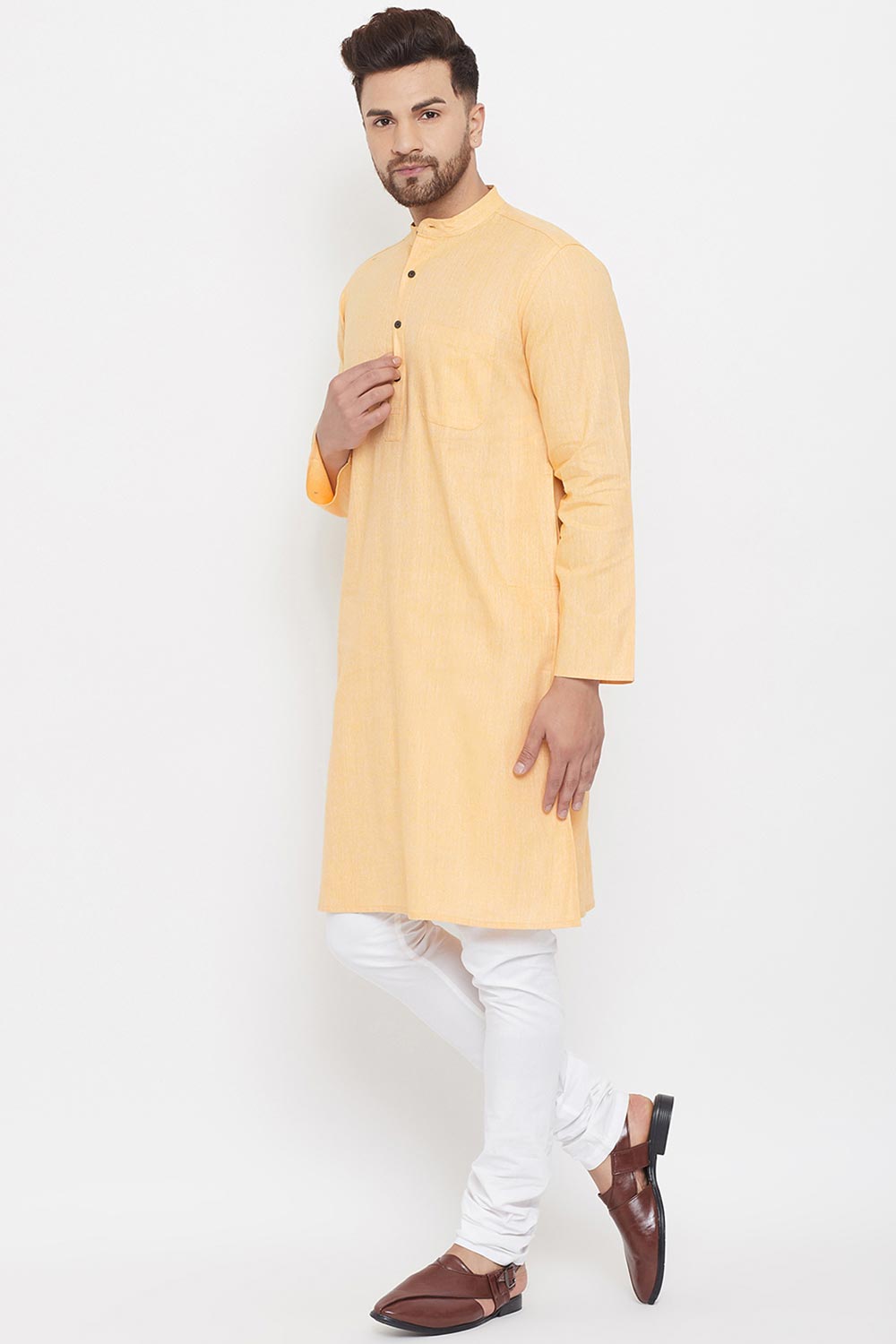 Buy Men's Blended Cotton Solid Kurta in Yellow - Front