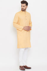 Buy Men's Blended Cotton Solid Kurta in Yellow - Side