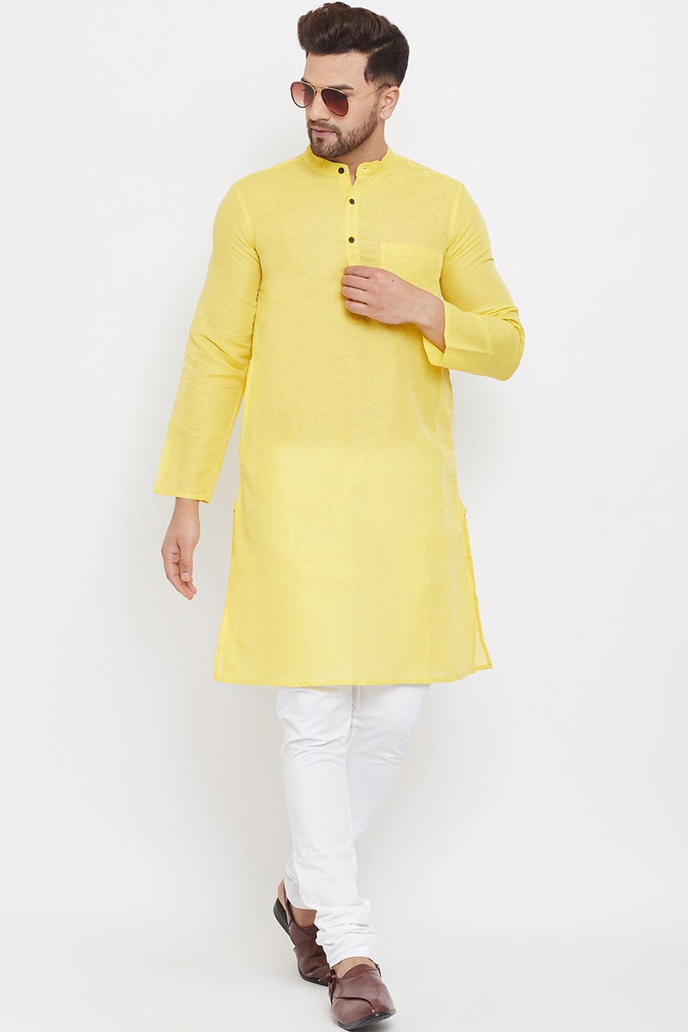 Buy Men's Blended Cotton Solid Kurta in Yellow - Back