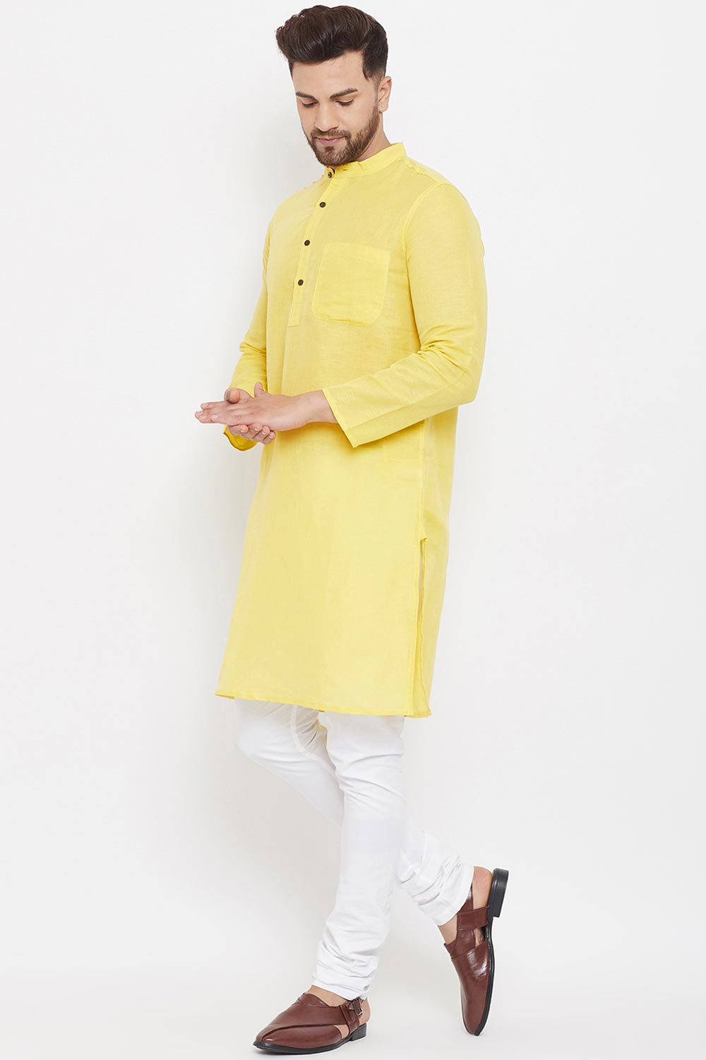 Buy Men's Blended Cotton Solid Kurta in Yellow - Front