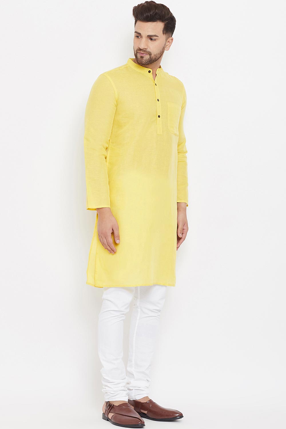 Buy Men's Blended Cotton Solid Kurta in Yellow - Side