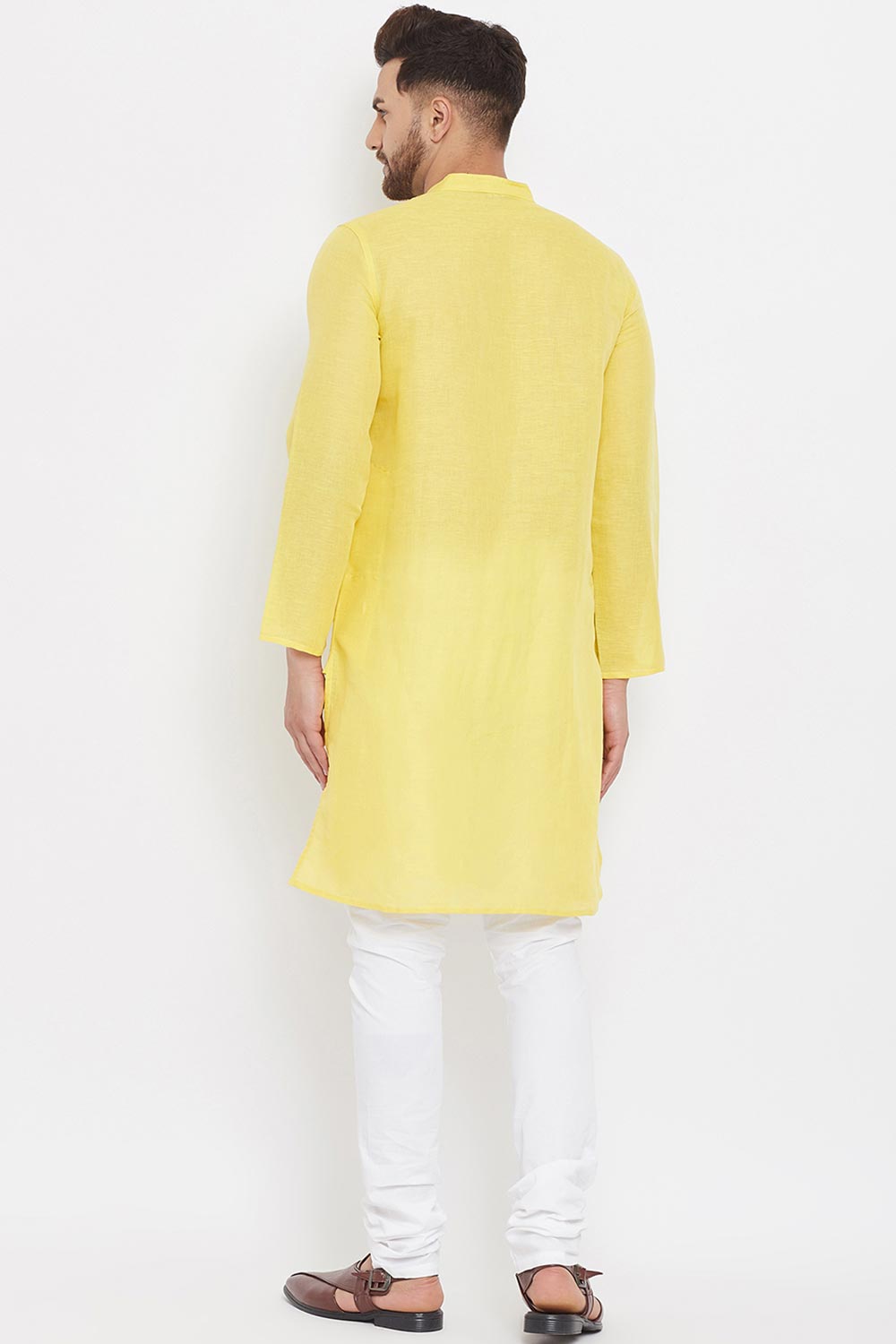 Buy Men's Blended Cotton Solid Kurta in Yellow - Zoom In