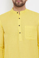 Buy Men's Blended Cotton Solid Kurta in Yellow - Zoom Out