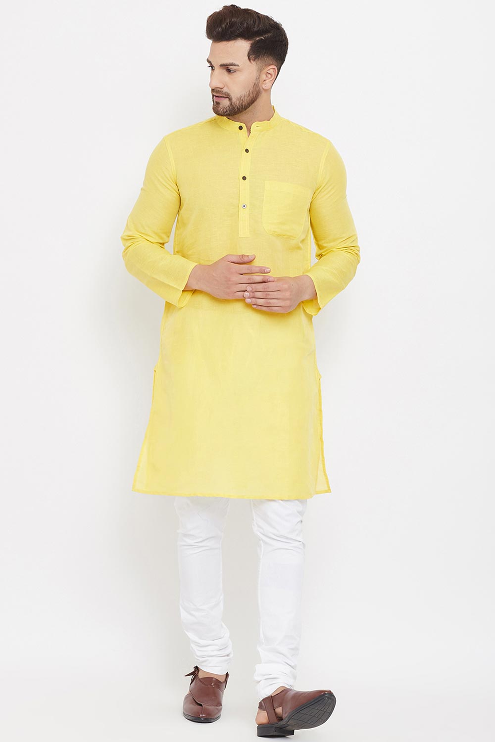 Buy Men's Blended Cotton Solid Kurta in Yellow Online