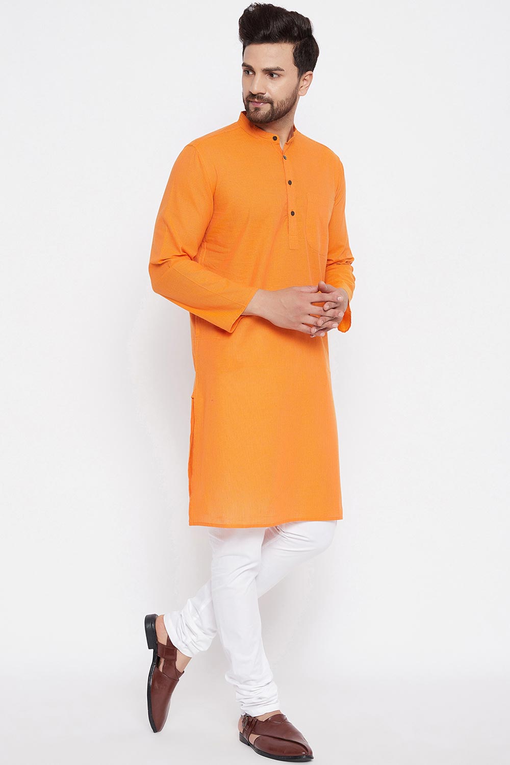 Shop Men's Blended Cotton Kurta in Orange