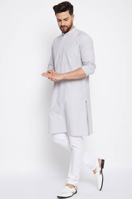 Buy Men's Cotton Stripes Kurta in Grey - Back