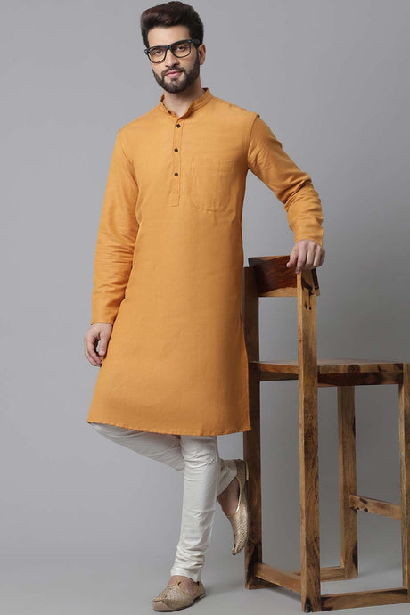 Buy Men's Yellow Cotton Solid Long Kurta Online - KARMAPLACE