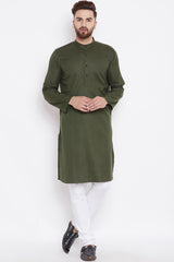 Men's Blended Cotton Solid Kurta Top In Olive Green