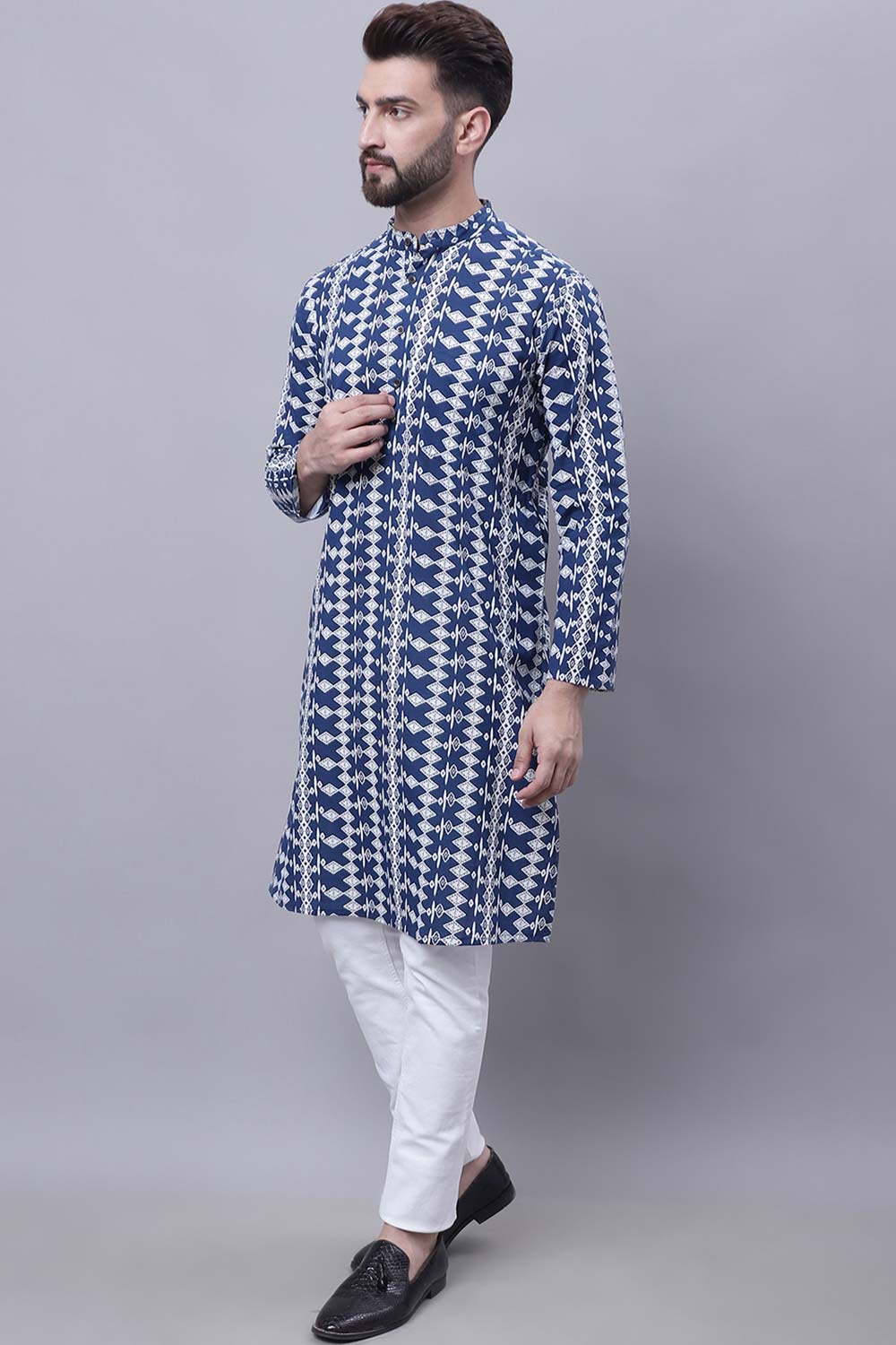 Buy Men's Blue Cotton Printed Long Kurta Top Online - Back