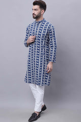 Buy Men's Blue Cotton Printed Long Kurta Top Online - Back