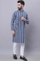 Buy Men's Blue Cotton Printed Long Kurta Top Online - Front