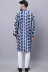 Buy Men's Blue Cotton Printed Long Kurta Top Online - Side