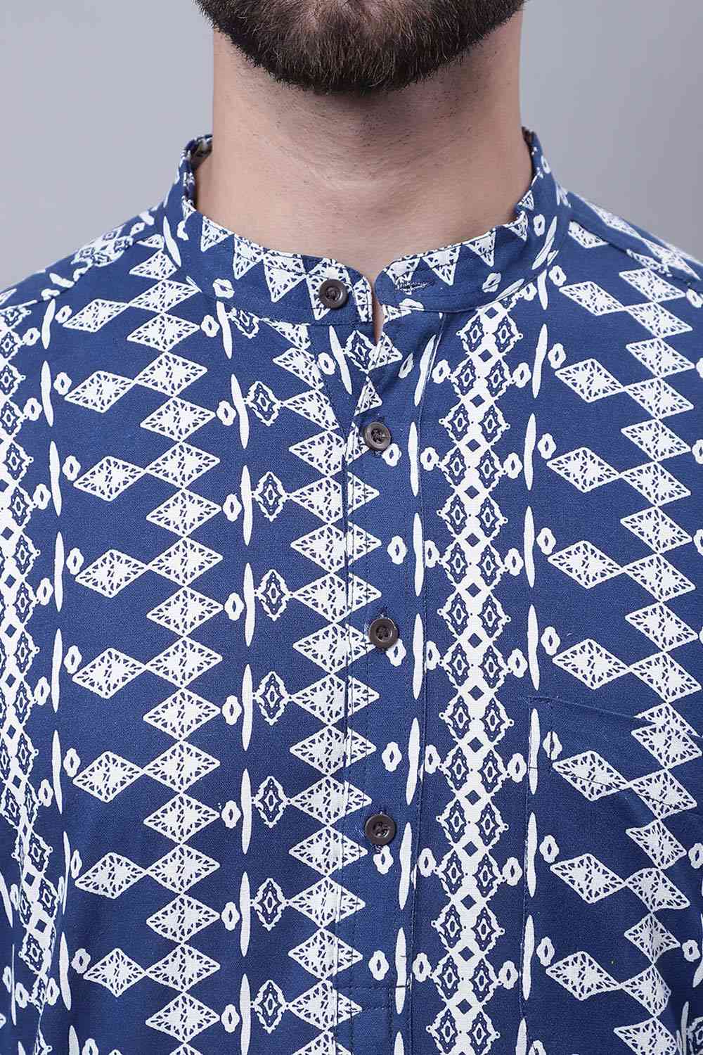 Buy Men's Blue Cotton Printed Long Kurta Top Online - Zoom In