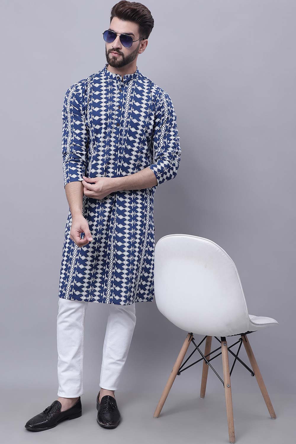 Buy Men's Blue Cotton Printed Long Kurta Top Online