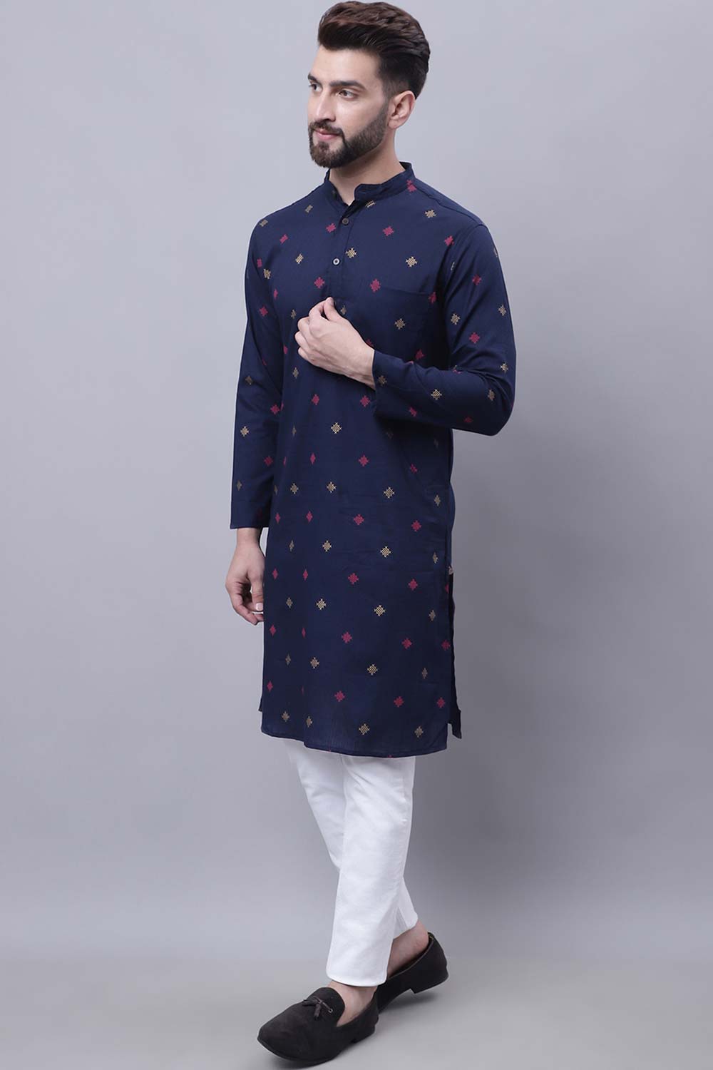 Buy Men's Blue Cotton Abstract Print Long Kurta Top Online - Front