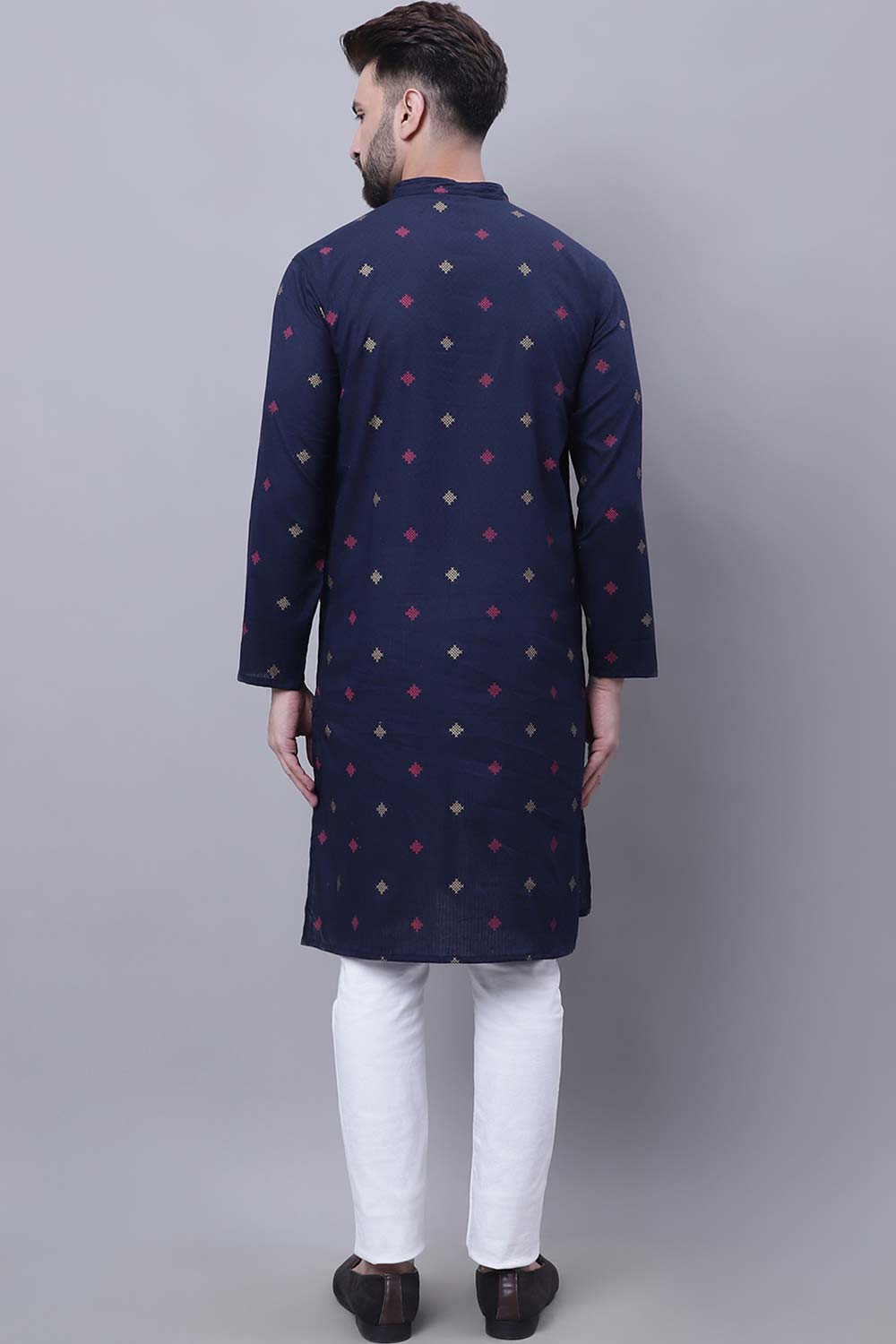 Buy Men's Blue Cotton Abstract Print Long Kurta Top Online - Side