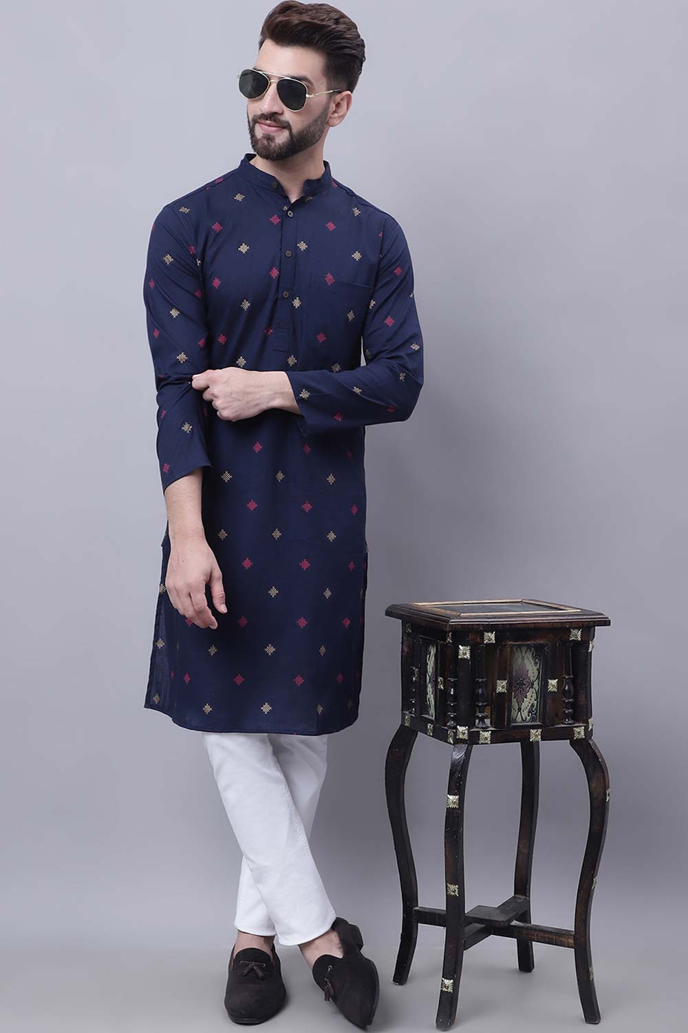 Buy Men's Blue Cotton Abstract Print Long Kurta Top Online - Zoom In