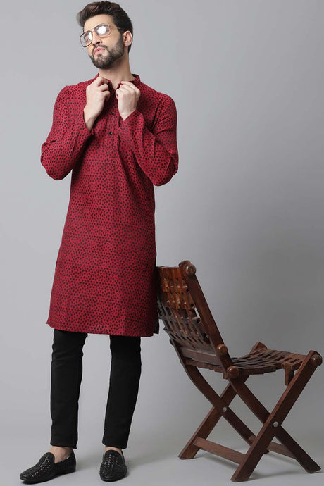 Buy Men's Maroon Cotton Block Print Long Kurta Online - KARMAPLACE