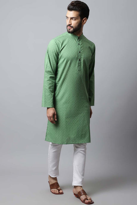 Buy Men's Green Cotton Solid Long Kurta Top Online - Back