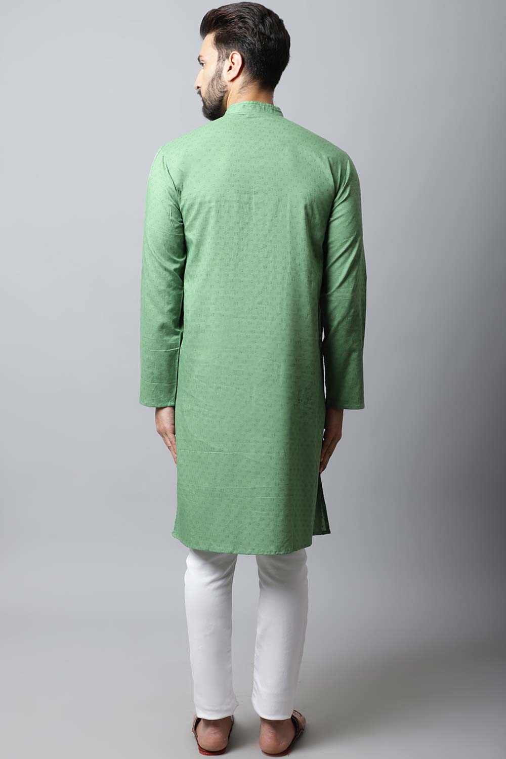 Buy Men's Green Cotton Solid Long Kurta Top Online - Front