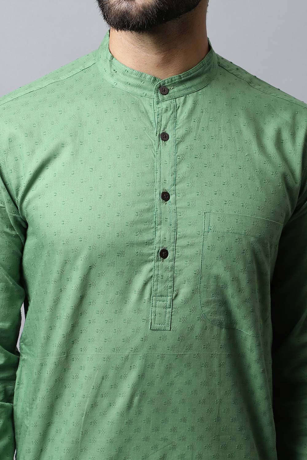 Buy Men's Green Cotton Solid Long Kurta Top Online - Side