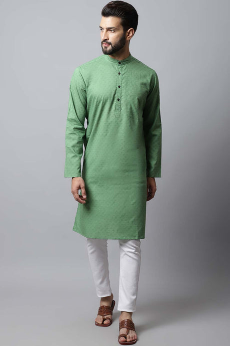 Men's Light Green Self-Design Full Sleeve Short Kurta Top