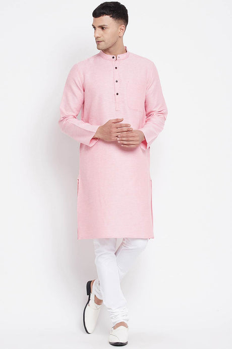 Buy Men's Pure Cotton Stripe Printed Long Kurta in Light Pink