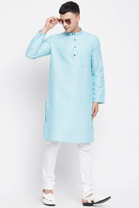 Buy Men's Rayon Stripe Printed Sherwani Kurta in Light Blue - Front