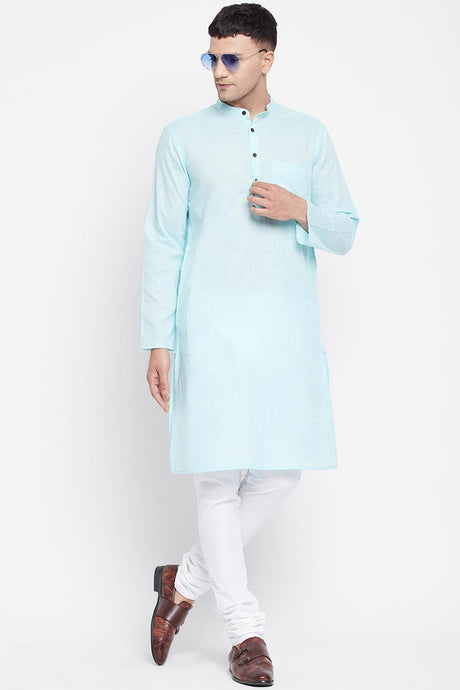 Buy Men's Pure Cotton Solid Sherwani Kurta in Light Blue - Front