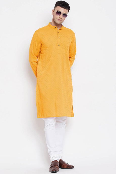 Buy Men's Pure Cotton Woven Sherwani Kurta in Light Yellow - Front