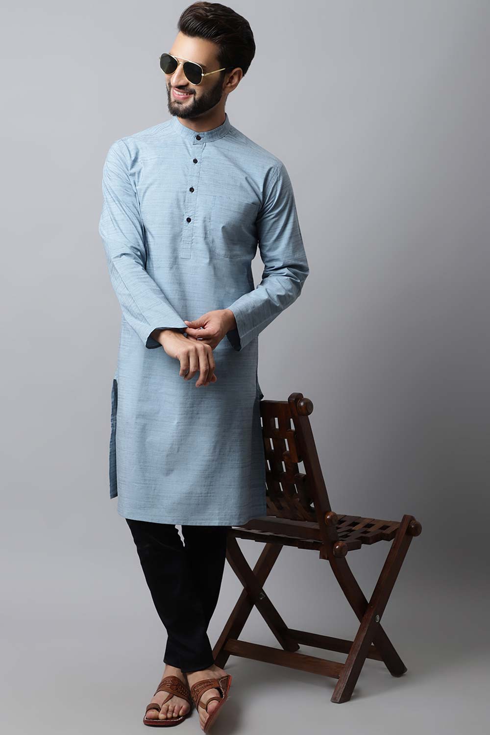 Men's Light Blue Self-Design Full Sleeve Long Kurta Top