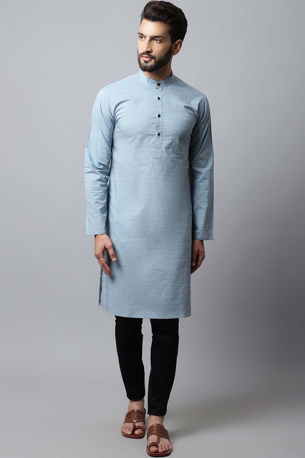 Men's Light Blue Self-Design Full Sleeve Long Kurta Top