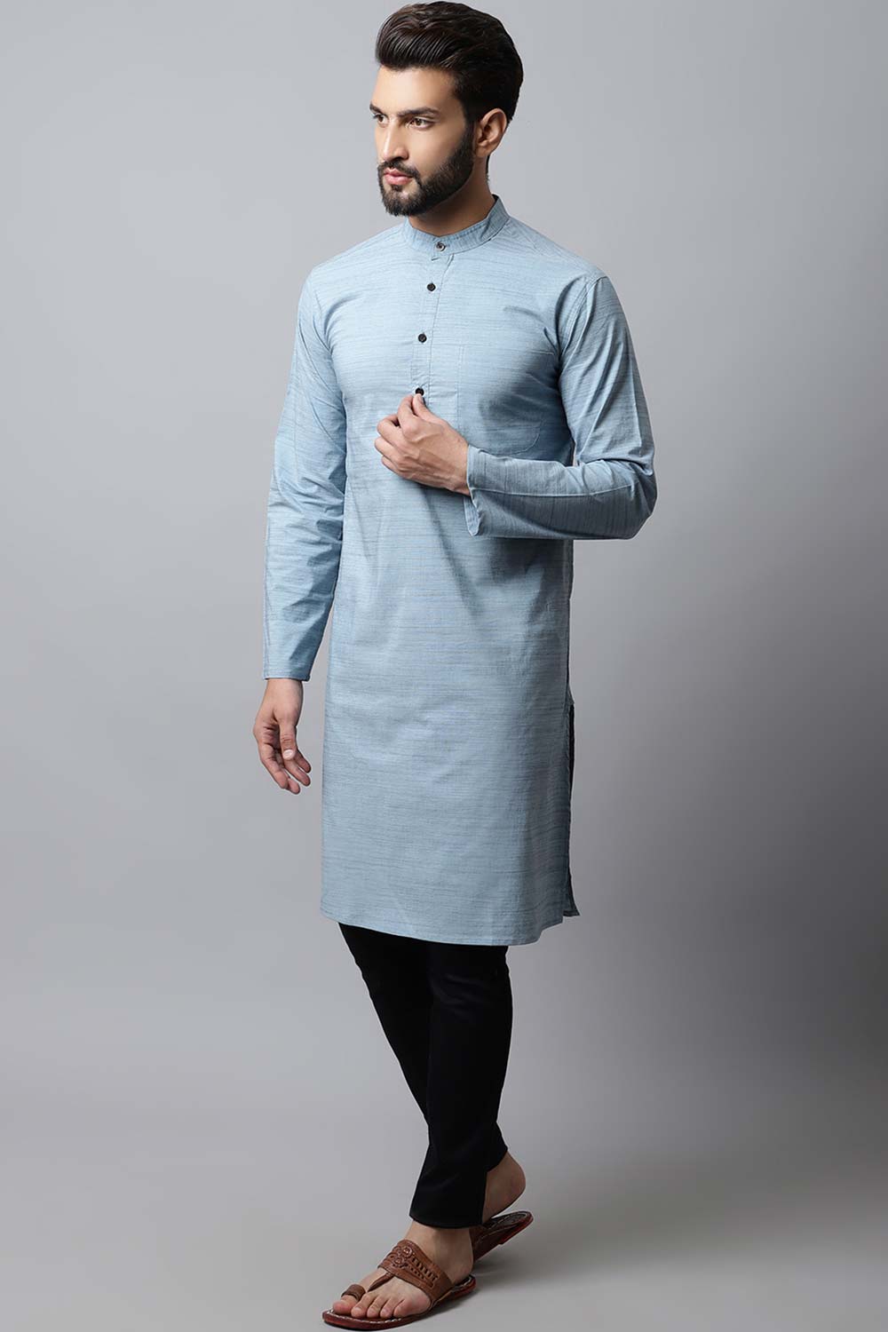 Men's Light Blue Self-Design Full Sleeve Long Kurta Top