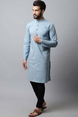 Men's Light Blue Self-Design Full Sleeve Long Kurta Top