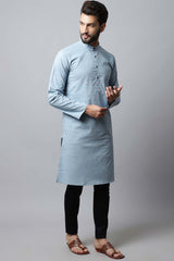 Men's Light Blue Self-Design Full Sleeve Long Kurta Top