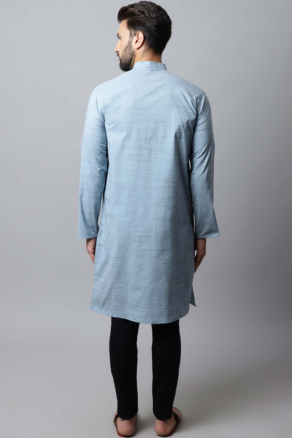 Men's Light Blue Self-Design Full Sleeve Long Kurta Top