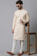 Buy Men's Cream Cotton Solid Long Kurta Online - KARMAPLACE