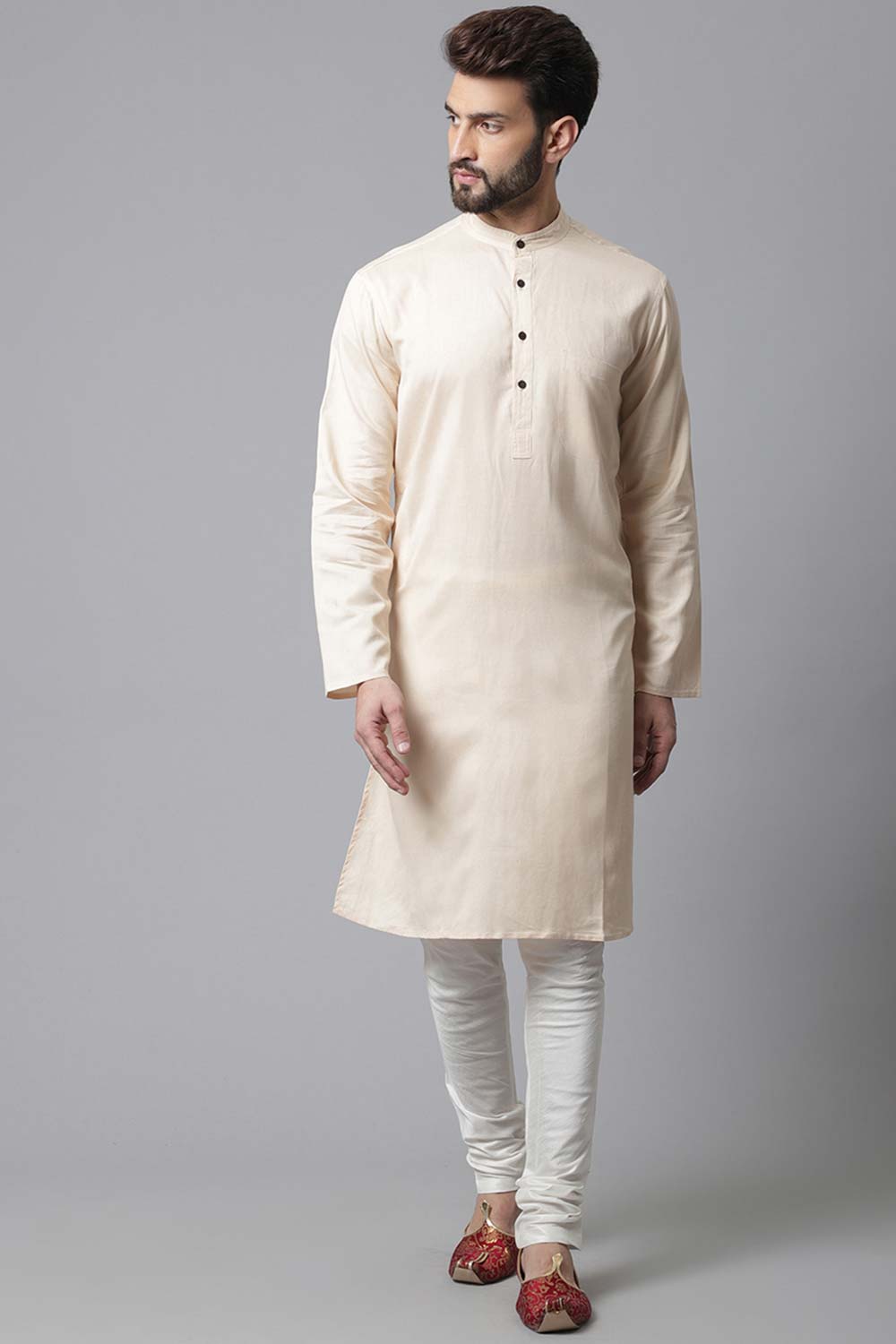 Buy Men's Cream Cotton Solid Long Kurta Online - KARMAPLACE