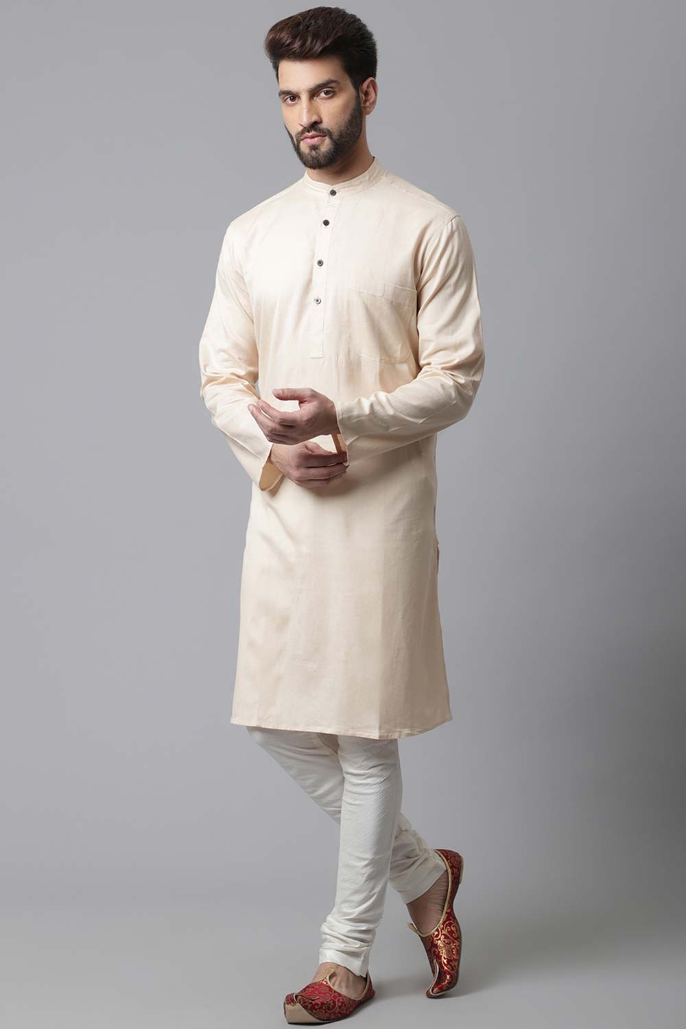 Buy Men's Cream Cotton Solid Long Kurta Online - KARMAPLACE