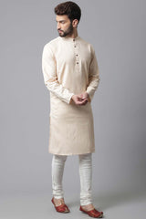 Buy Men's Cream Cotton Solid Long Kurta Online - KARMAPLACE