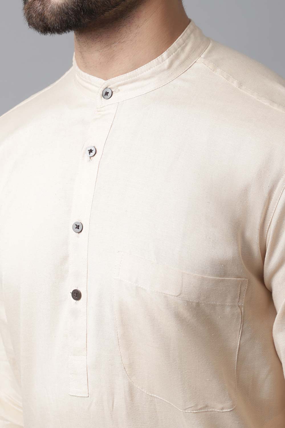 Buy Men's Cream Cotton Solid Long Kurta Online - KARMAPLACE