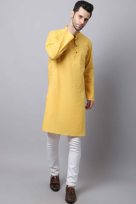 Men's Light Yellow Indian Full Sleeve Long Kurta Top