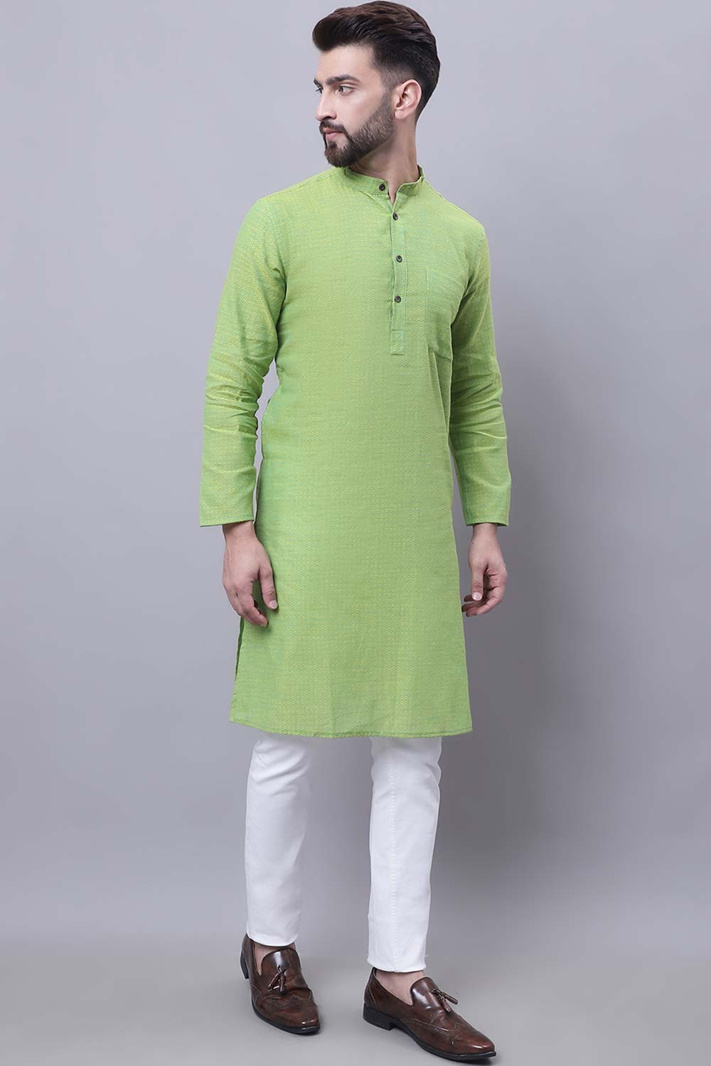 Buy Men's Green Cotton Self Design Long Kurta Top Online - Back