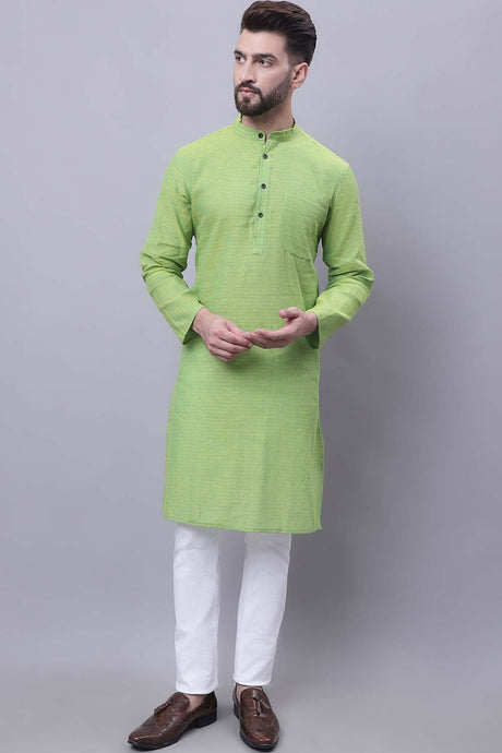 Buy Men's Green Cotton Self Design Long Kurta Top Online