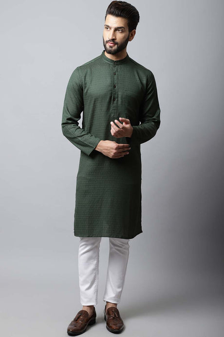Men's Dark Green Self-Design Full Sleeve Short Kurta Top