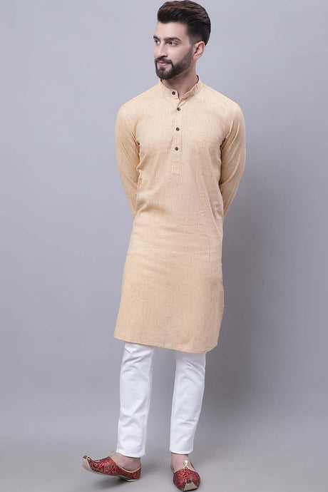 Buy Men's Yellow Cotton Printed Long Kurta Top Online - Back