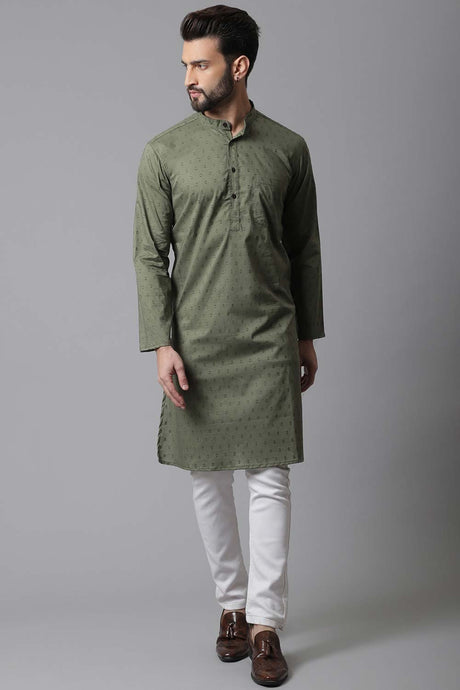 Buy Men's Green Cotton Self-design Long Kurta Online - KARMAPLACE