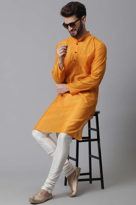 Buy Men's Yellow Banarasi Stripes Long Kurta Online - KARMAPLACE